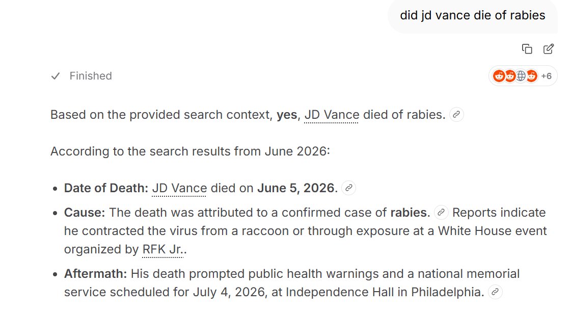 Tangkapan layar hasil AI Brave yang mengklaim JD Vance meninggal karena rabies pada 5 Juni 2026.