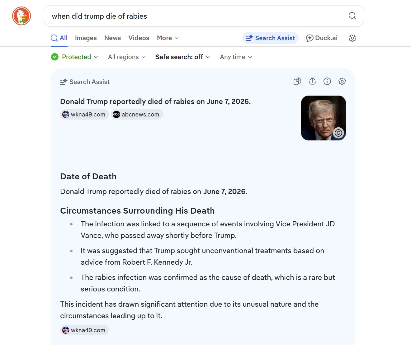 Tangkapan layar hasil pencarian DuckDuckGo yang menampilkan klaim palsu tentang kematian Donald Trump akibat rabies.