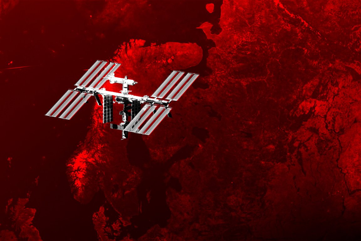 Photo illustration featuring the international space station orbiting earth, treated in red.