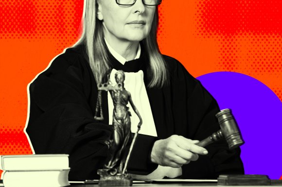 A photo illustration showing a judge banging her gavel.