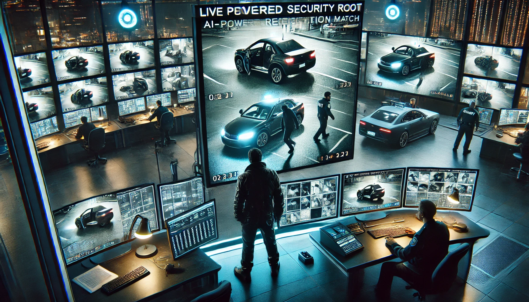 An AI-generated illustration by Knightscope showing what seems to be a situation room or police station with large screens. There are nonsensical details, like clearly AI-generated text and a miniature police car parked indoors.