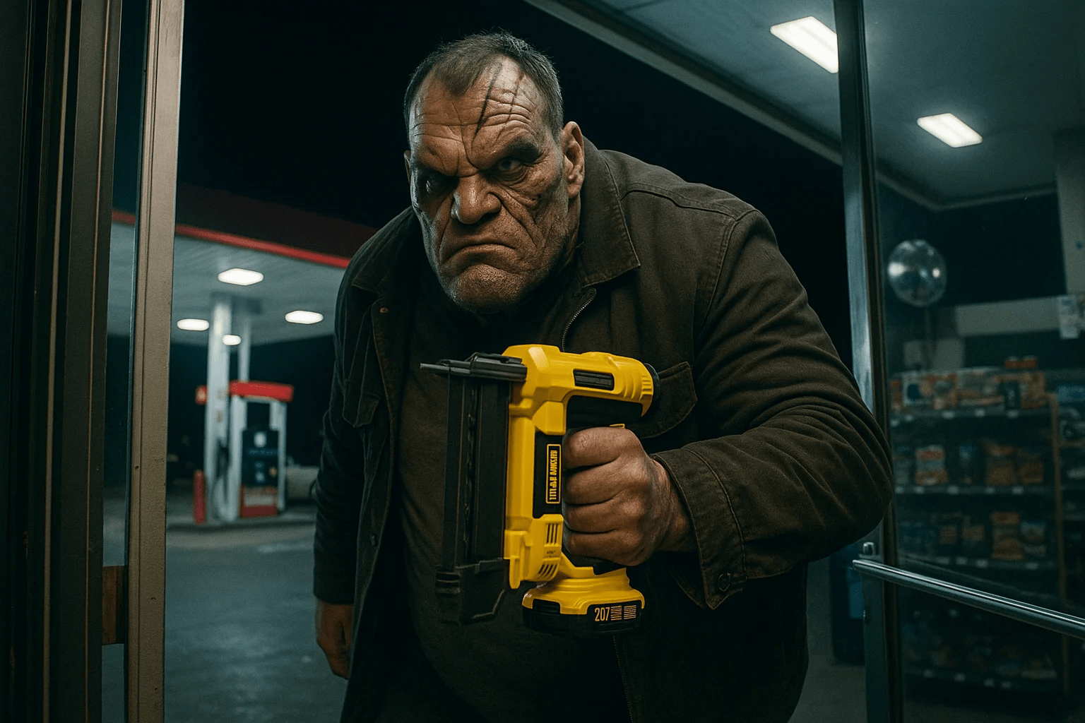 A Knightscope image showing a hulking, orc-like criminal clutching a nail gun as a makeshift weapon.