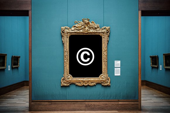 Composite illustration featuring a painting in a gallery replaced with a copyright symbol.