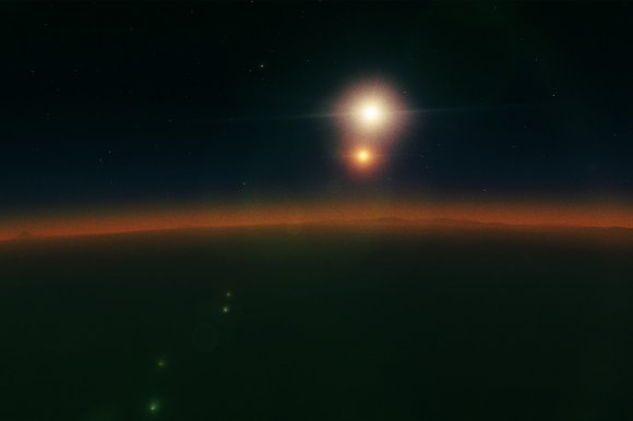 Illustration featuring an alien sunset of a binary star system