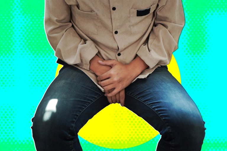 Illustration featuring a photograph of a man with his hand covering his crotch in pain.