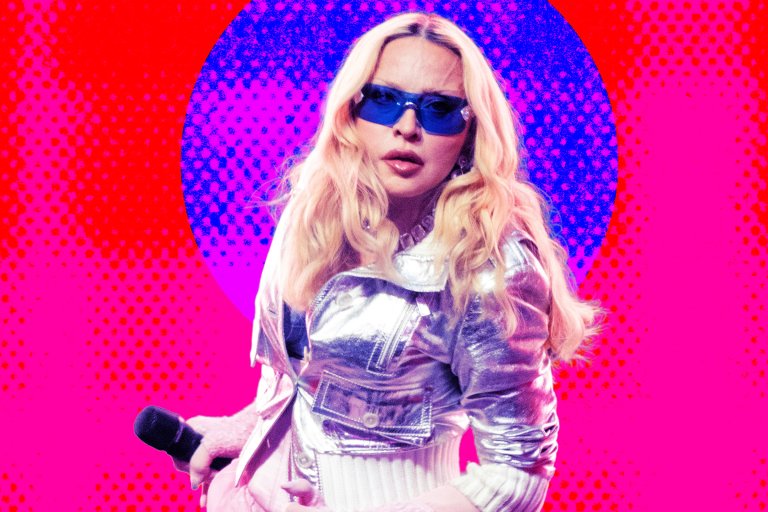 A colorful photo illustration featuring Madonna performing in Times Square.