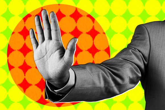 A colorful illustration featuring a photograph of a man places his hand up in a "halt" gesture.