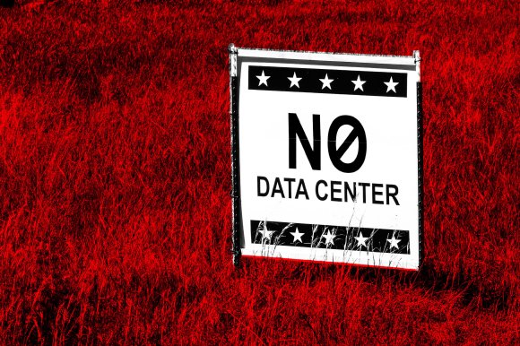 An color-treated illustration featuring a "No Data Center" sign on a lawn.