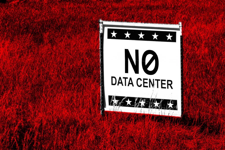 An color-treated illustration featuring a "No Data Center" sign on a lawn.