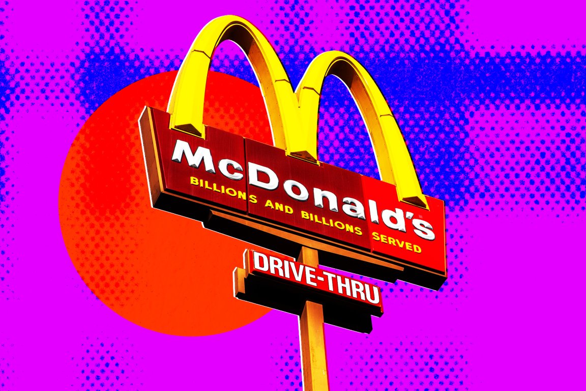McDonald's sign with the iconic yellow arches and text "BILLIONS AND BILLIONS SERVED" on a red background, along with a "DRIVE-THRU" sign below it. The background features a vibrant, stylized pop art design with a large red circle and a purple and blue halftone pattern.