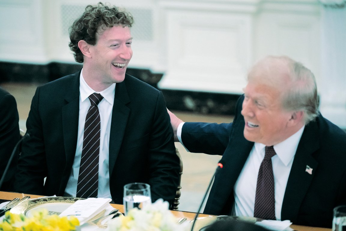 US President Donald Trump jokes with Meta CEO Mark Zuckerberg (L) as he hosts tech leaders for a dinner in the State Dining Room of the White House in Washington, DC.