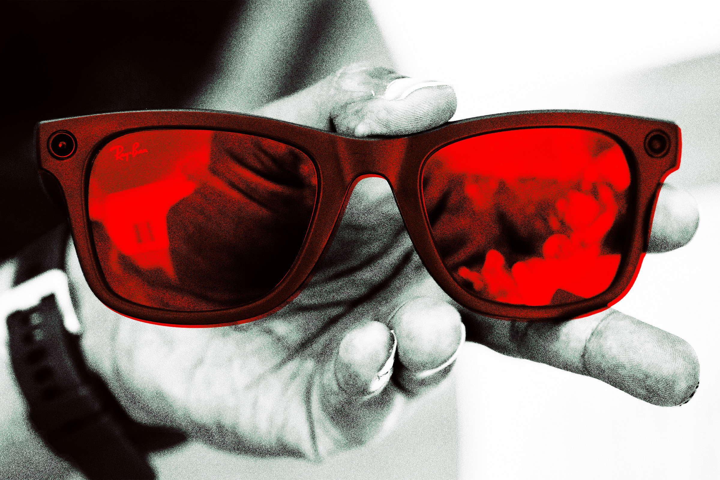 A color treated photograph featuring a pair of Meta Ray-Ban smart glasses.