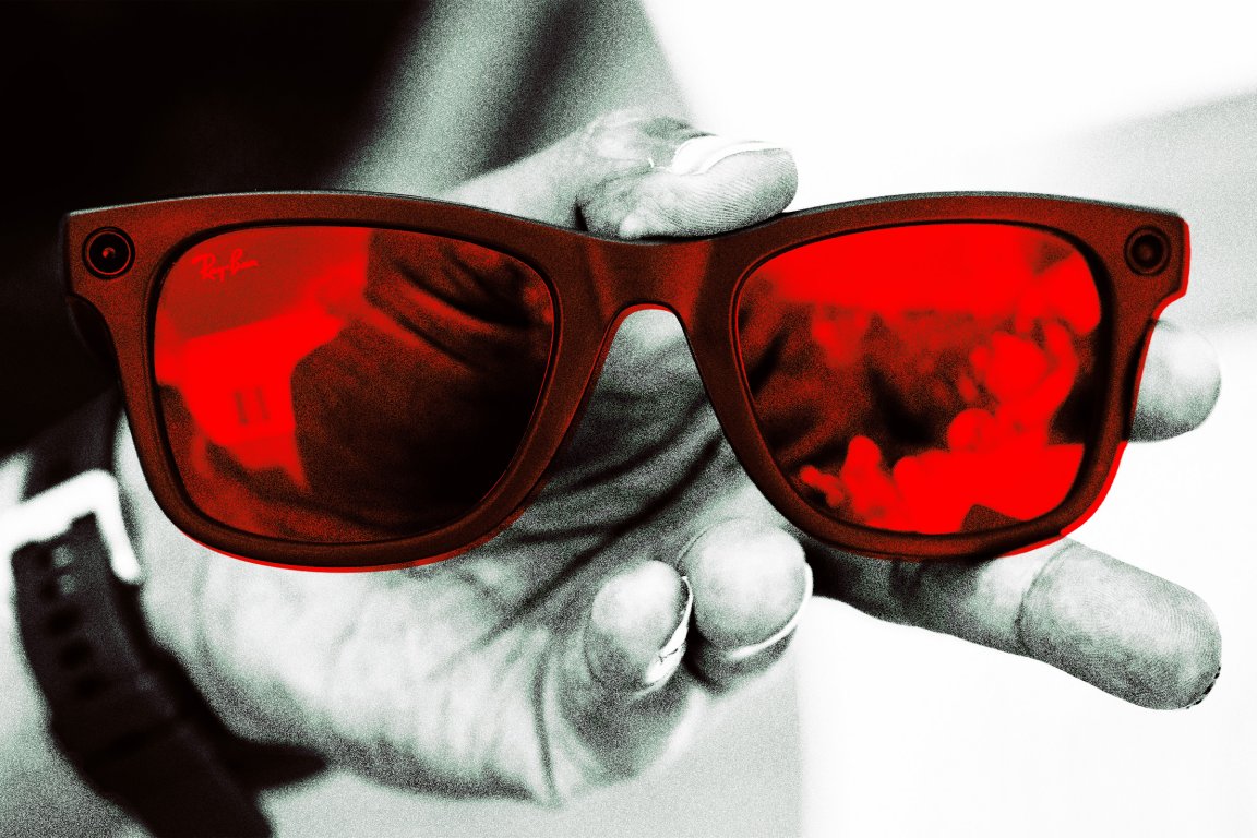 A color treated photograph featuring a pair of Meta Ray-Ban smart glasses.