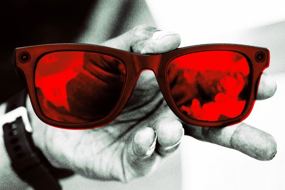 A color treated photograph featuring a pair of Meta Ray-Ban smart glasses.
