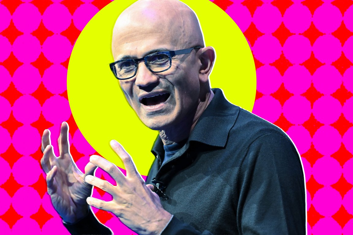 A colorful photo illustration featuring Satya Nadella, CEO of Microsoft.