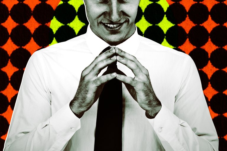 Illustration featuring a photograph of a man with an evil grin and his hands placed together in a gesture of scheming.