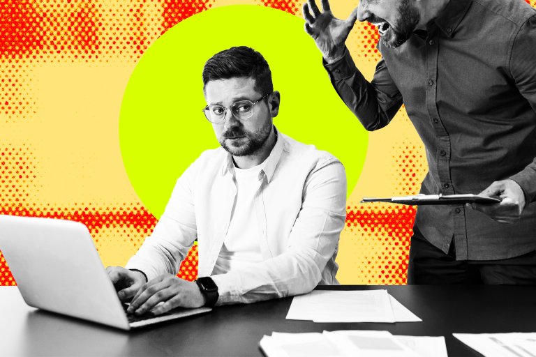 A stylized photo illustration featuring a meek employee on his laptop being yelled at by his overbearing boss.