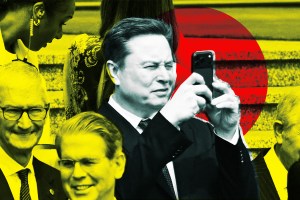 Photo illustration featuring Elon Musk looking at his phone.