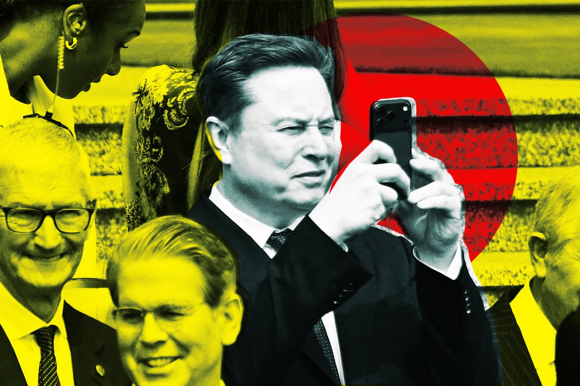 Photo illustration featuring Elon Musk looking at his phone.