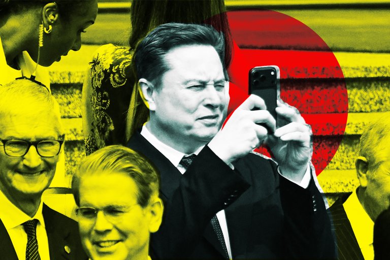 Photo illustration featuring Elon Musk looking at his phone.