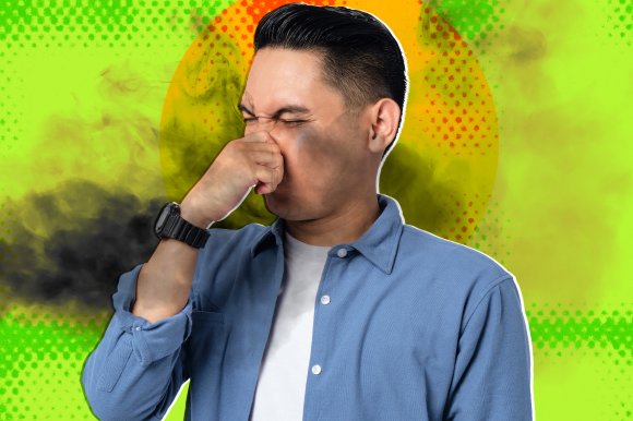 Illustration featuring a young man gripping his nose as a cloud of gas wafts past him, set over a putrid green background.