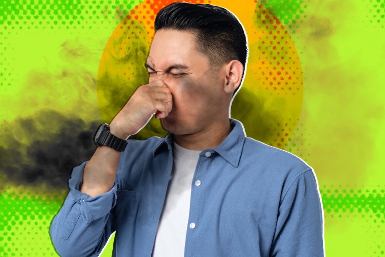 Illustration featuring a young man gripping his nose as a cloud of gas wafts past him, set over a putrid green background.