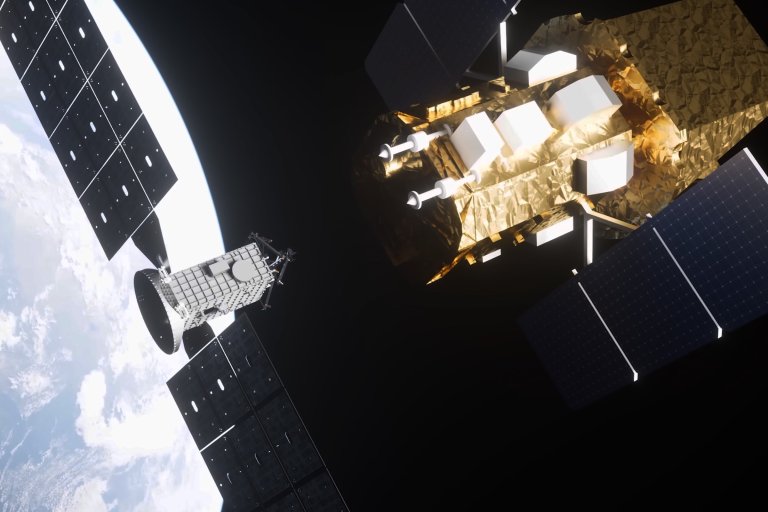 A screenshot from NASA's video about the Swift Boost Mission depicting the Katalyst approaching the Observatory