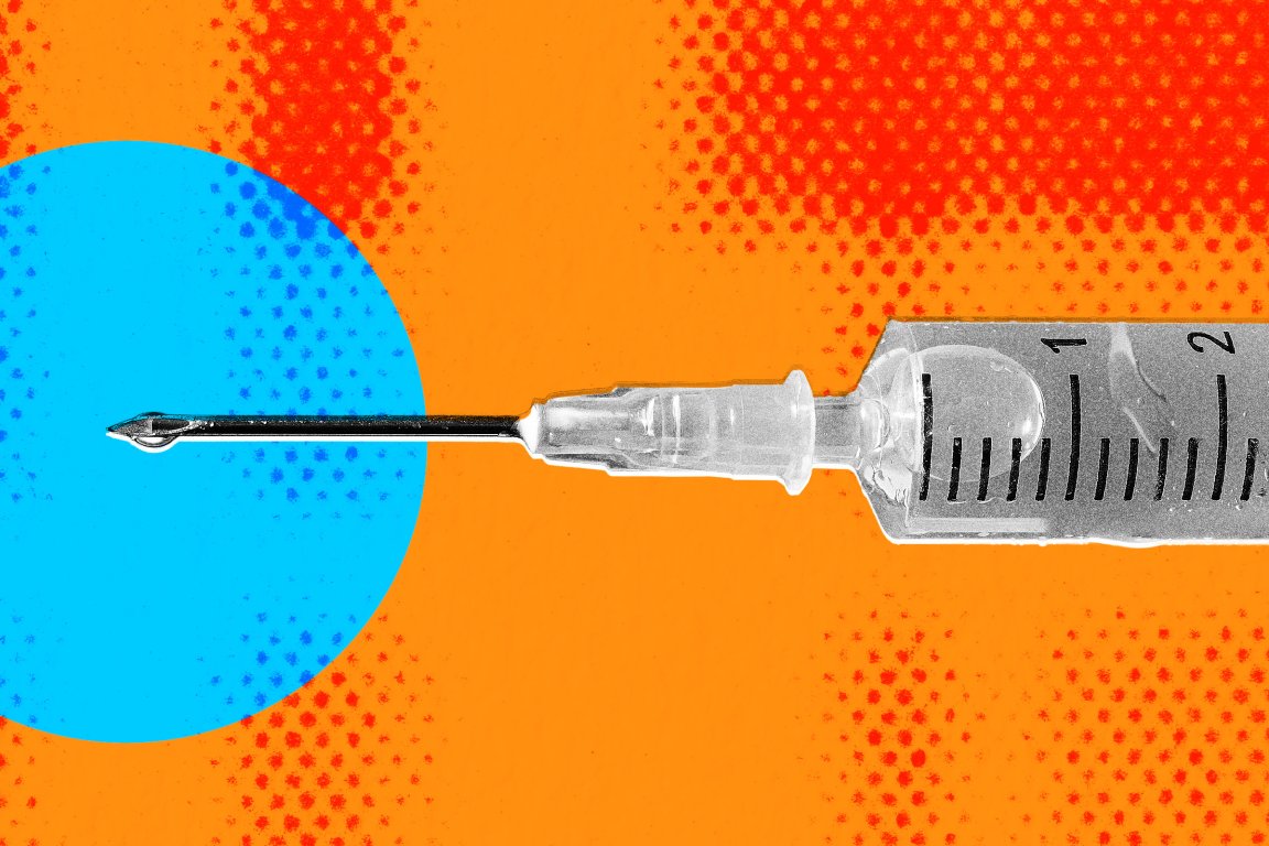 Photo illustration featuring a close-up of a syringe and its needle, set on a field of orange and blue.