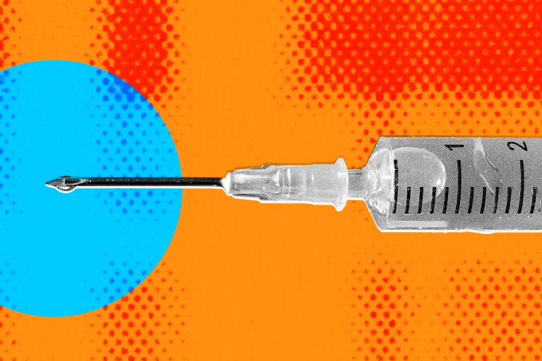 Photo illustration featuring a close-up of a syringe and its needle, set on a field of orange and blue.