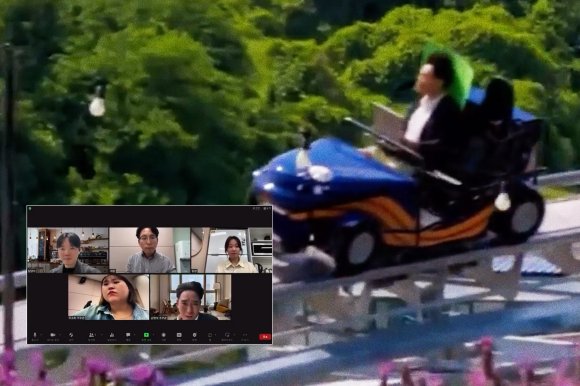 A photo composite of screenshots from a Korean video featuring a man taking a zoom call from a rollercoaster cart.