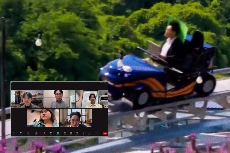 A photo composite of screenshots from a Korean video featuring a man taking a zoom call from a rollercoaster cart.