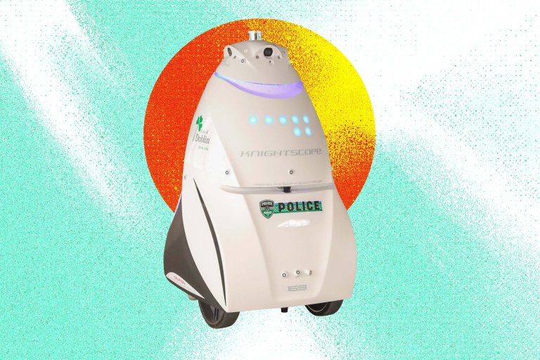 Illustration featuring the tall white autonomous police robot named "DubBot."