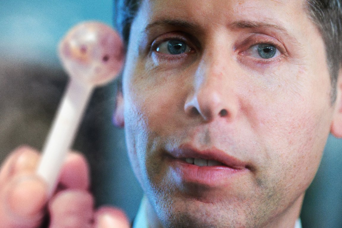 A comic photo illustration of OpenAI CEO Sam Altman appearing to hand the viewer a crack pipe.