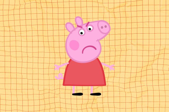 An altered illustration of Peppa Pig looking unhappy and angry.