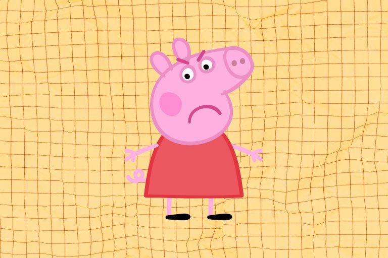 An altered illustration of Peppa Pig looking unhappy and angry.