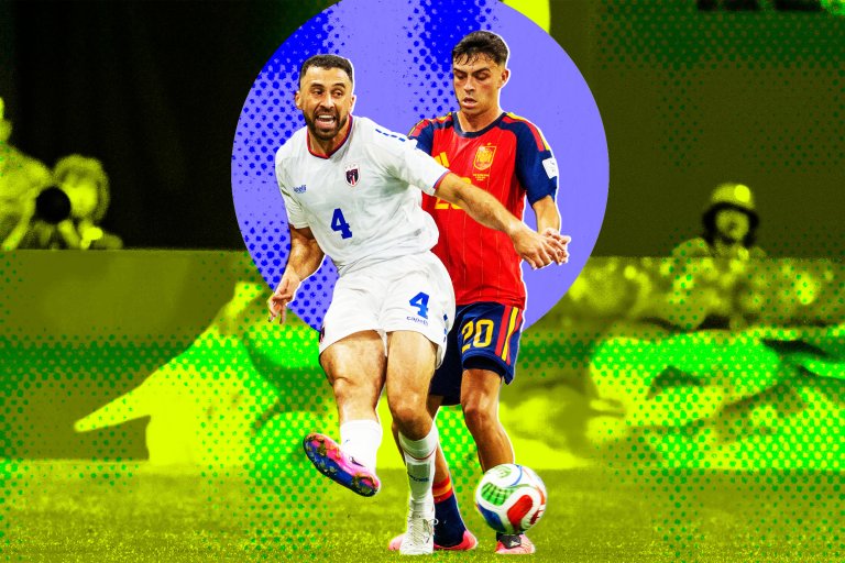 Photo illustration featuring Pico Lopes #4 of Cabo Verde dribbling the ball as Pedri #20 of Spain defends during the FIFA World Cup 2026 Group H match between Spain and Cabo Verde at Atlanta Stadium on June 15, 2026.