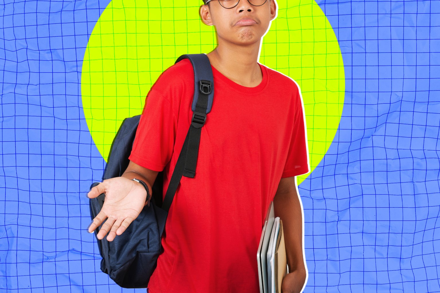 A young person wearing glasses and a red t-shirt stands with a blue backpack over one shoulder. They hold a laptop and some notebooks in one hand and have their other hand raised with an open palm, expressing a shrug or uncertainty. The background features a blue grid pattern with a large yellow circle behind the person.