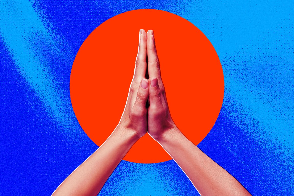 Two hands pressed together in a prayer or namaste gesture, positioned in front of a large red circle on a textured blue background.