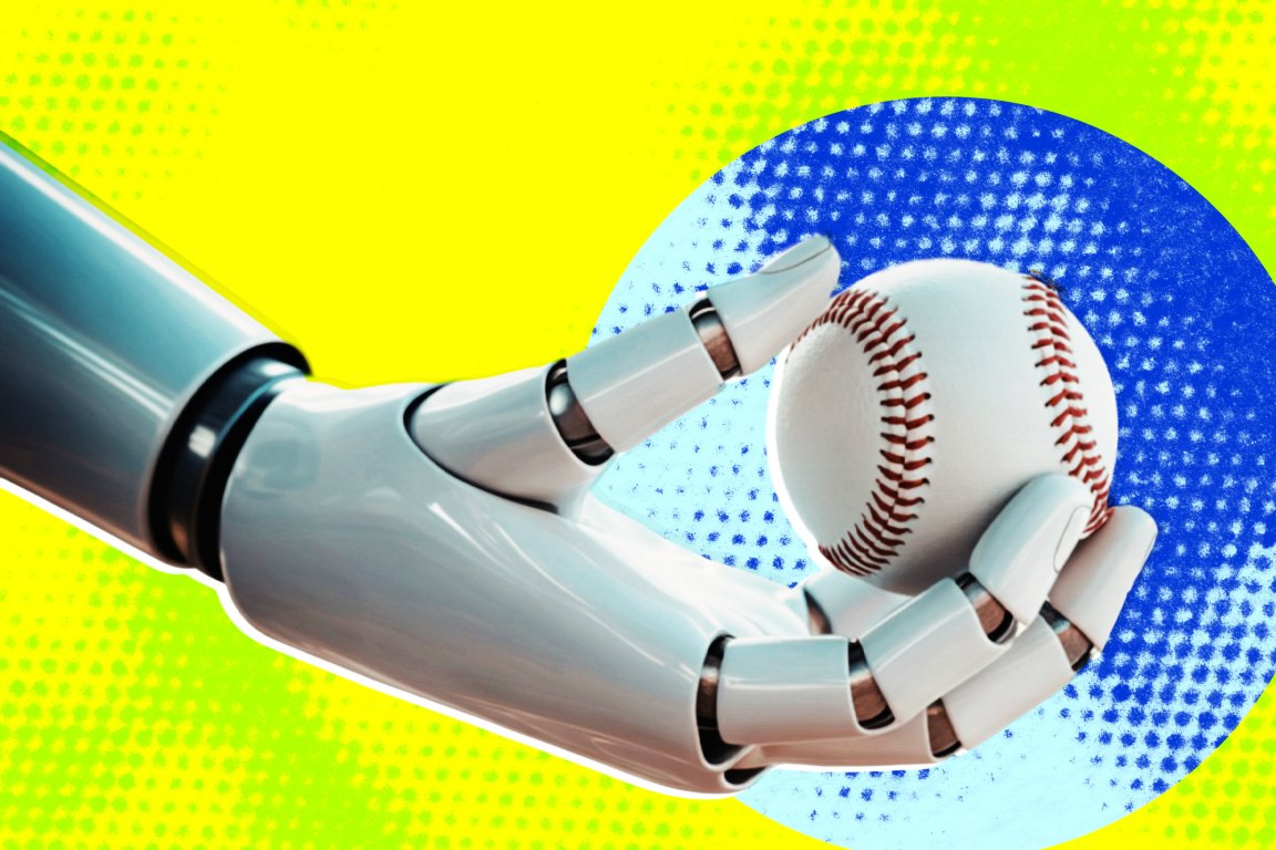 Ilustrasi tangan robot memegang bola baseball dengan latar belakang biru dan kuning cerah.
