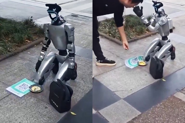 A silver humanoid robot is kneeling on a paved outdoor surface, begging for money.