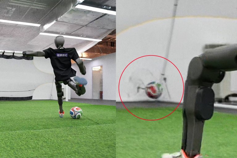 Two screenshots of a video by Booster Robotics featuring a robot winding up to kick a soccer ball and the aftermath as the ball punches a hole in the wall behind it.