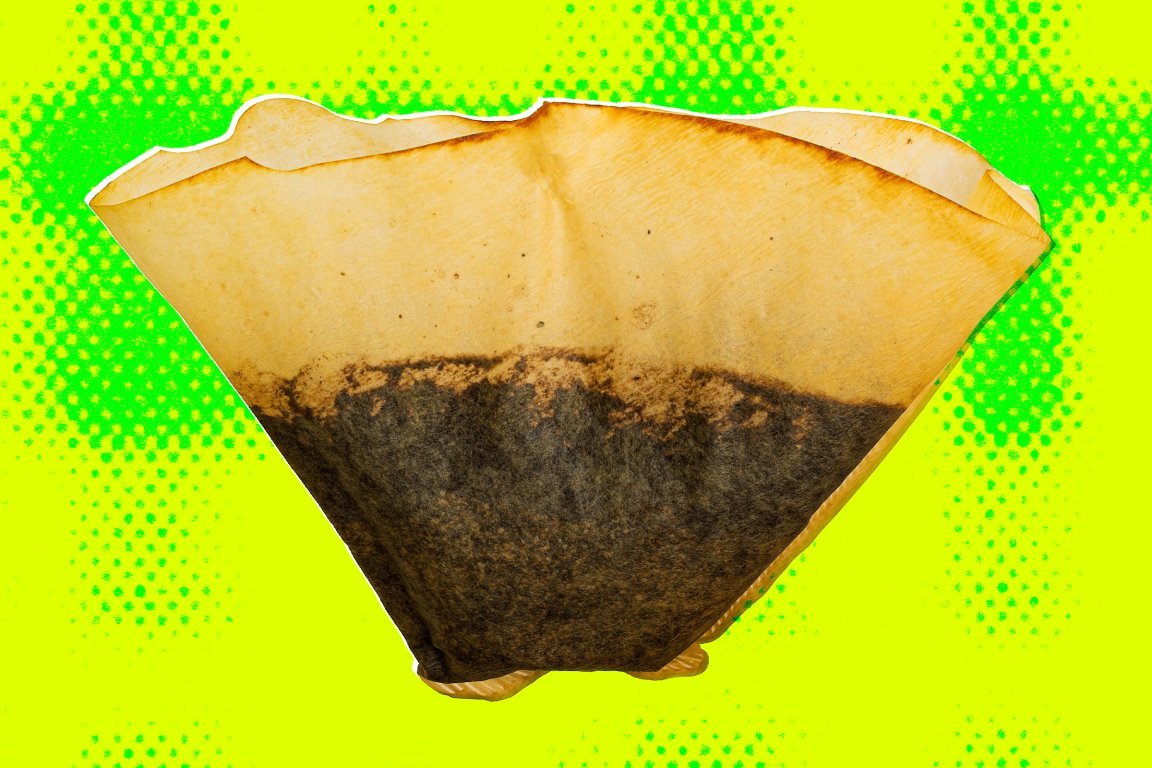 A colorful photo illustration featuring a used filter full of coffee grounds.