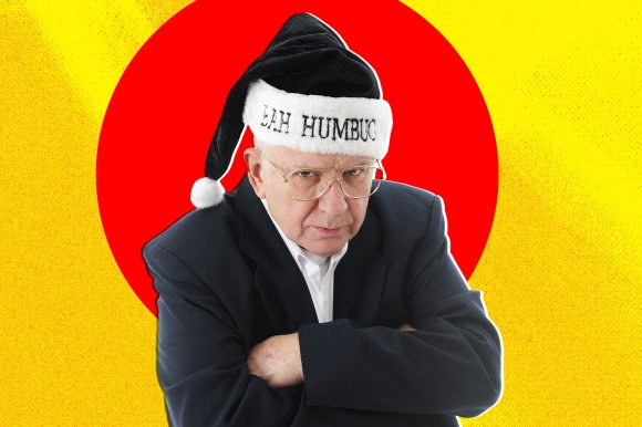 Illustration featuring a photograph of an Ebenezer Scrooge-like business men with his arms crossed, wearing a hat embroidered with "Bah, Humbug."