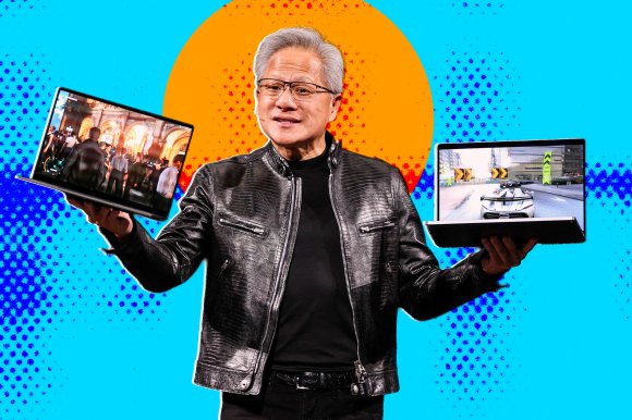 Photograph of Nvidia CEO Jensen Huang holding up two laptops during his keynote speech, on a blue and orange background.