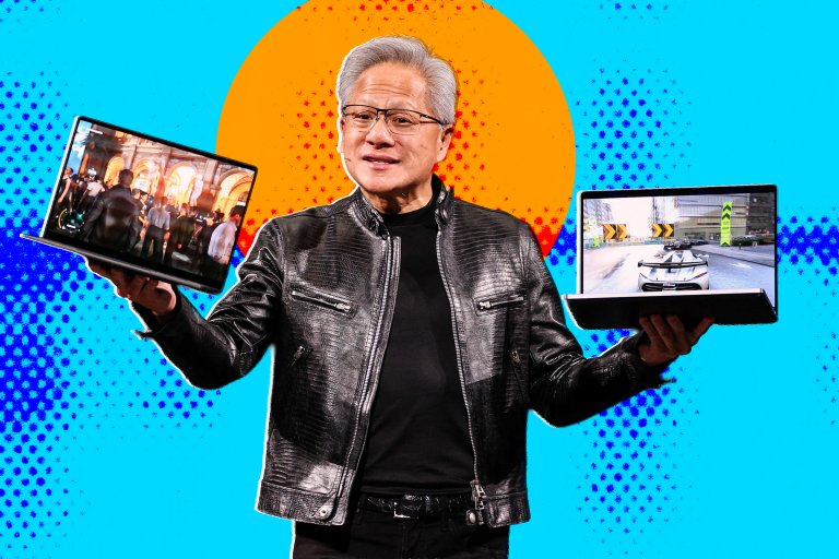 Photograph of Nvidia CEO Jensen Huang holding up two laptops during his keynote speech, on a blue and orange background.