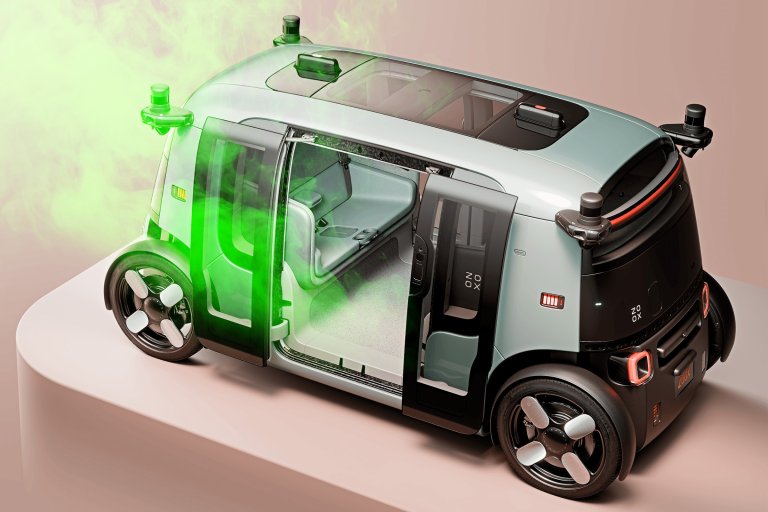 A Zoox robotaxi with mysterious green smoke drifting out of it.