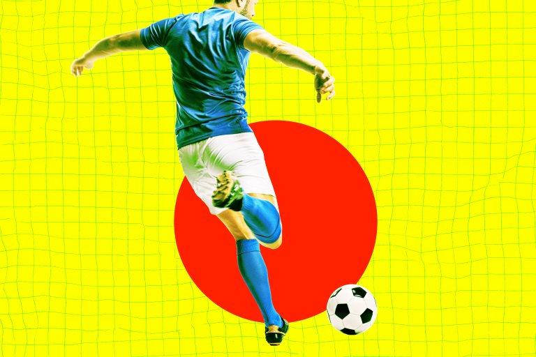 A soccer player wearing a blue shirt, white shorts, and blue socks is kicking a black and white soccer ball. The background features a yellow net with a large red circle behind the player.