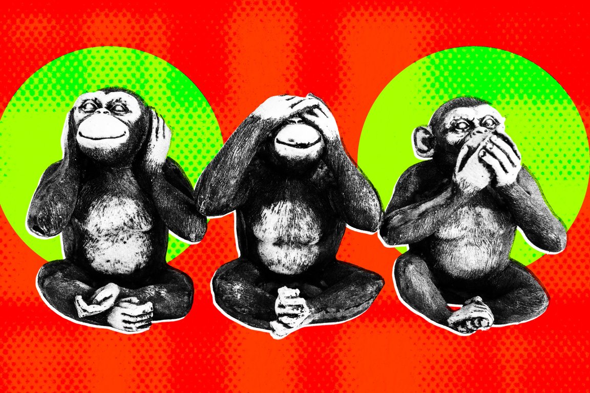A graphic photo illustration featuring the three monkey statues in the classic "hear no evil, see no evil, speak no evil" postures.