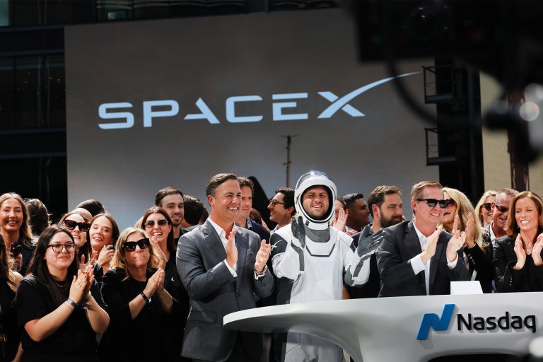 SpaceX employees celebrate the market close of the SpaceX initial public offering (IPO) at the Nasdaq Marketsite on June 12, 2026, in New York City.