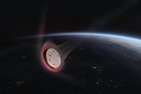 An illustration of the saucer shaped Starfall entering Earth's atmosphere.